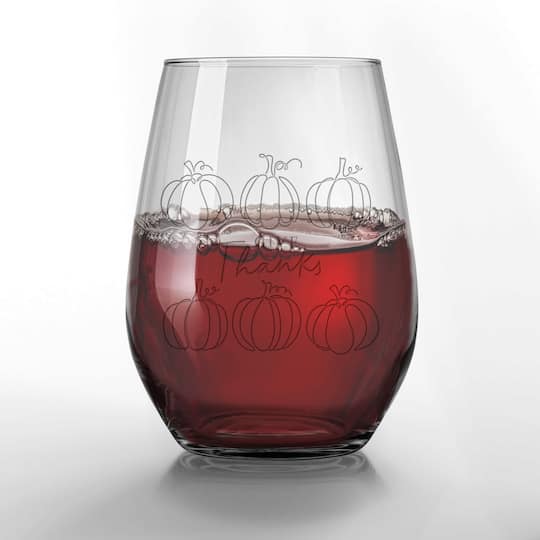 Give Thanks Pumpkins 15oz. Engraved Stemless Wine Glass